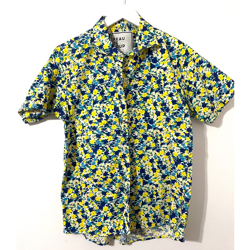 PEAU DE LOUP Button Down Women 8 Yellow Floral Short Sleeve Cotton Casual Preppy